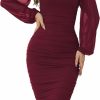 Clearance CYiNu Women'S Elegant Ruched Bodycon Midi Dress Square Neck Long Puff Sleeve Mesh Cocktail Party Dresses