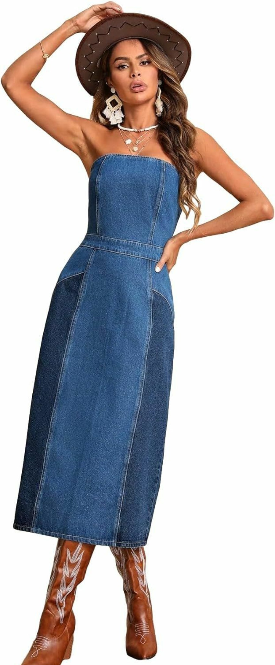 Wholesale WDIRARA Wdirara Women'S Strapless Tube Top Sleeveless Split Back Fitted Denim Midi Dress