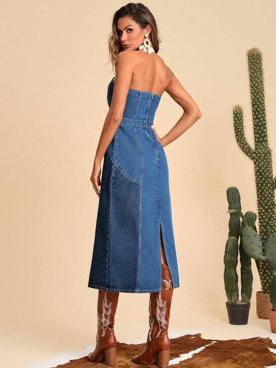 Wholesale WDIRARA Wdirara Women'S Strapless Tube Top Sleeveless Split Back Fitted Denim Midi Dress