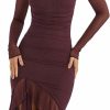 Clearance BOIBOKOKO Women Sexy Long Sleeve Midi Bodycon Dress Irregular Mesh Ruffle Frill Hem Mermaid Dress Fall Spring Cocktail Dress