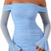 New EYNMIN Women'S Sexy Long Sleeve Ruched Bodycon Mini Dress Off Shoulder Going Out Party Dresses