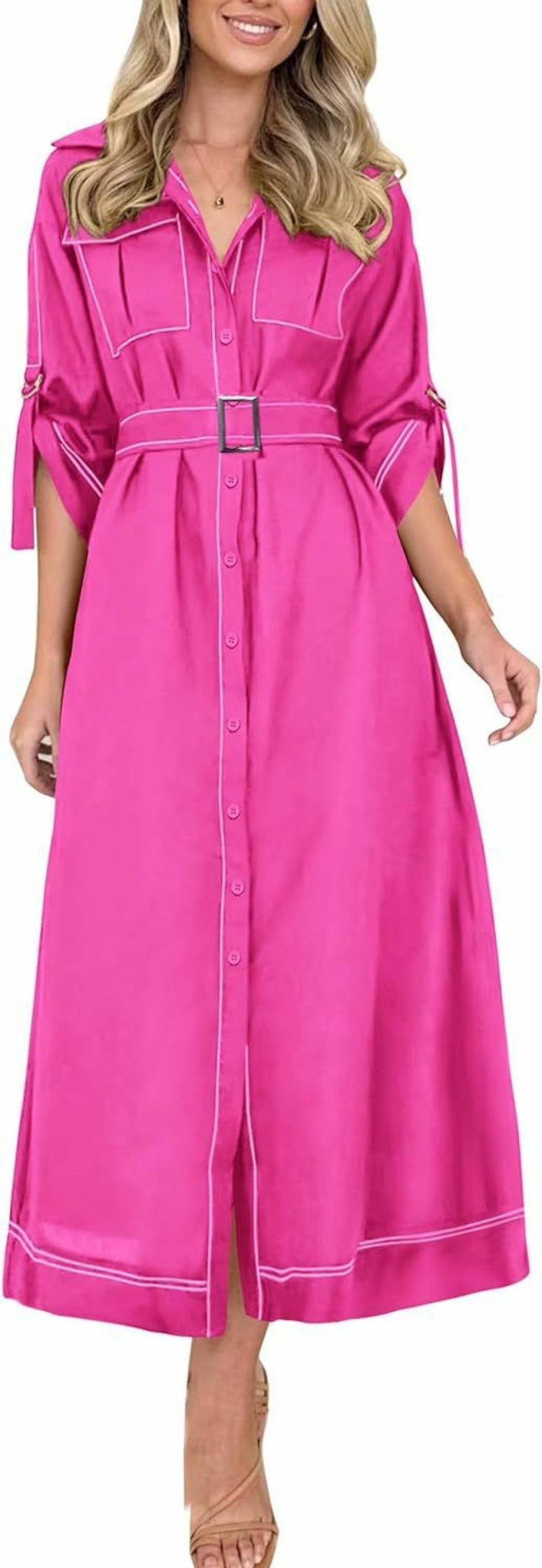 New PRETTYGARDEN Prettygarden Women'S Maxi Shirt Dress Casual 3/4 Sleeve Button Down Lapel V Neck A Line Belted Long Dresses