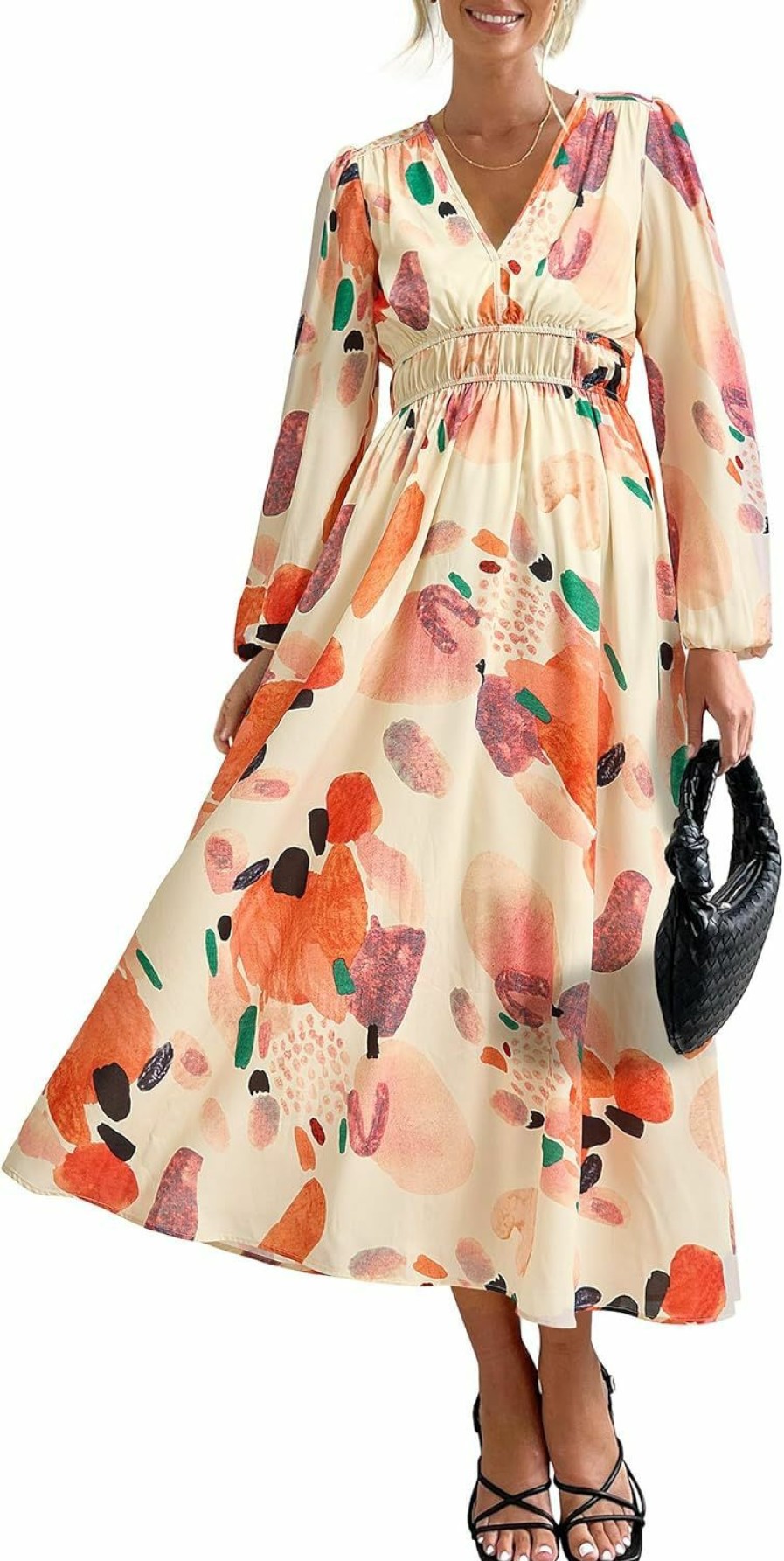 Best PRETTYGARDEN Prettygarden Women'S 2024 Fall Boho Maxi Dress Casual Long Sleeve V Neck Printed Beach Long Flowy Dresses