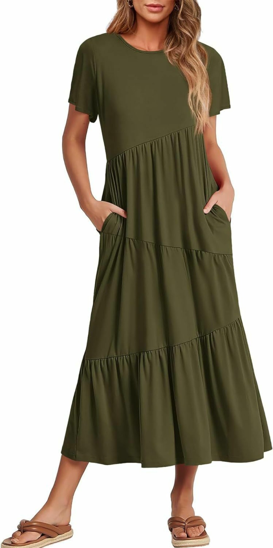 New BTFBM Btfbm Women Summer Casual Short Sleeve Dresses Crewneck Solid Color Maxi Dress Wedding Guest Dresses With Pockets