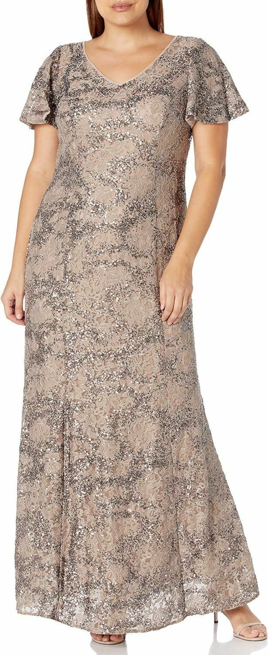 Clearance Alex Evenings Alex Evenings Women'S Long A-Line Sequin Lace Dress Short Sleeves (Regular Petite)