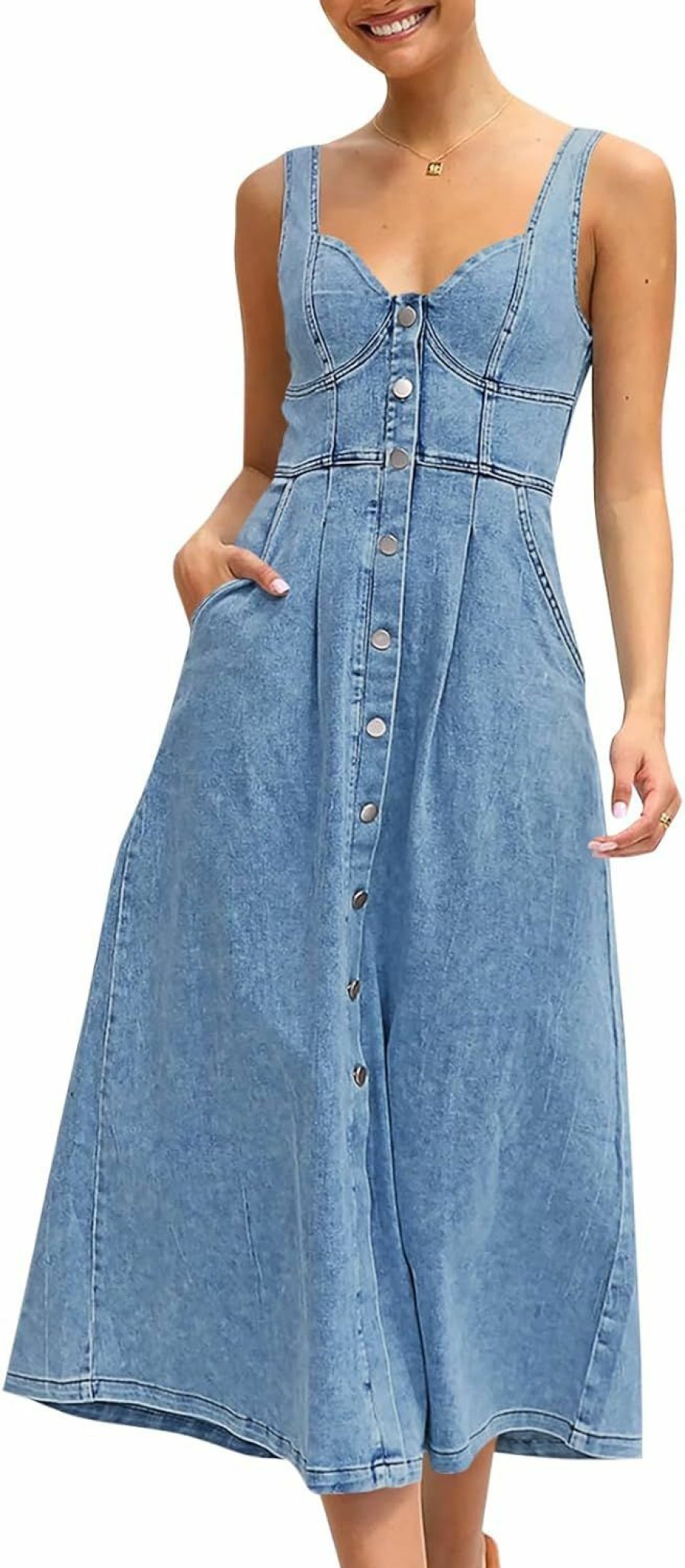 New Fisoew Fisoew Women'S Summer Denim Long Dress Button Down Sleeveless A Line Tank Jean Maxi Dress With Pockets