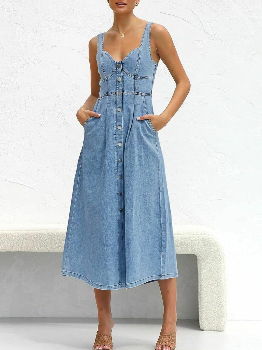 New Fisoew Fisoew Women'S Summer Denim Long Dress Button Down Sleeveless A Line Tank Jean Maxi Dress With Pockets