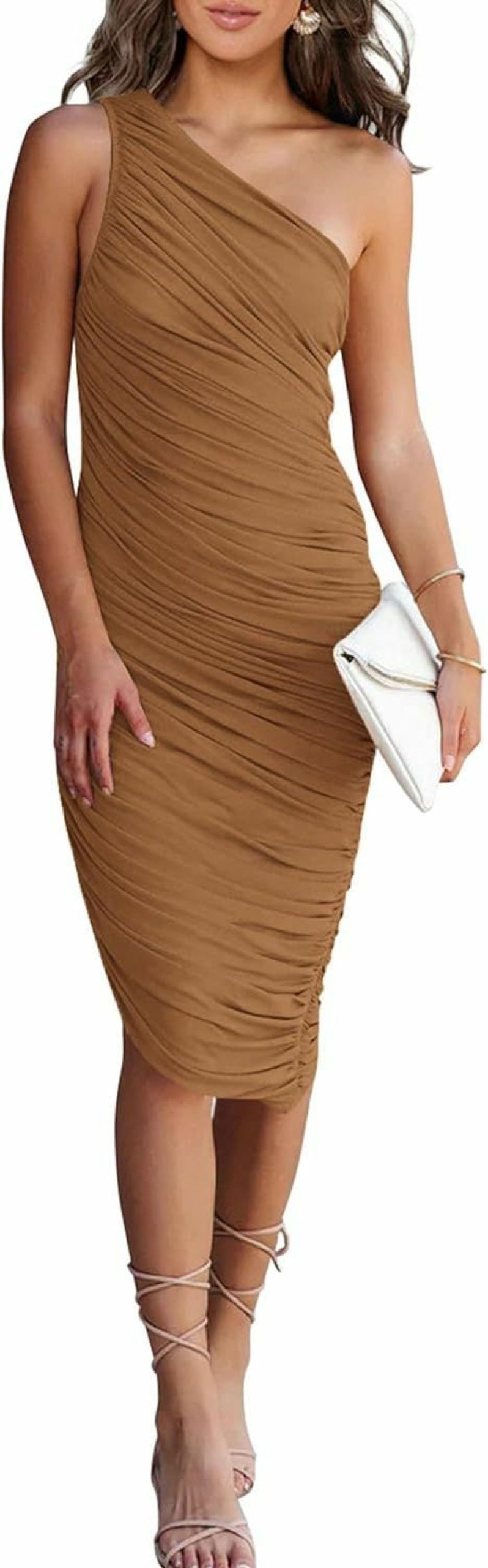 New PRETTYGARDEN Prettygarden Women'S Ruched Bodycon Dress 2024 Summer One Shoulder Sleeveless Party Cocktail Pencil Dresses