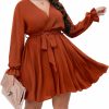 Hot SCOMCHIC Women'S Plus Size Long Sleeve Wrap V Neck Tie Waist A Line Mini Short Dress