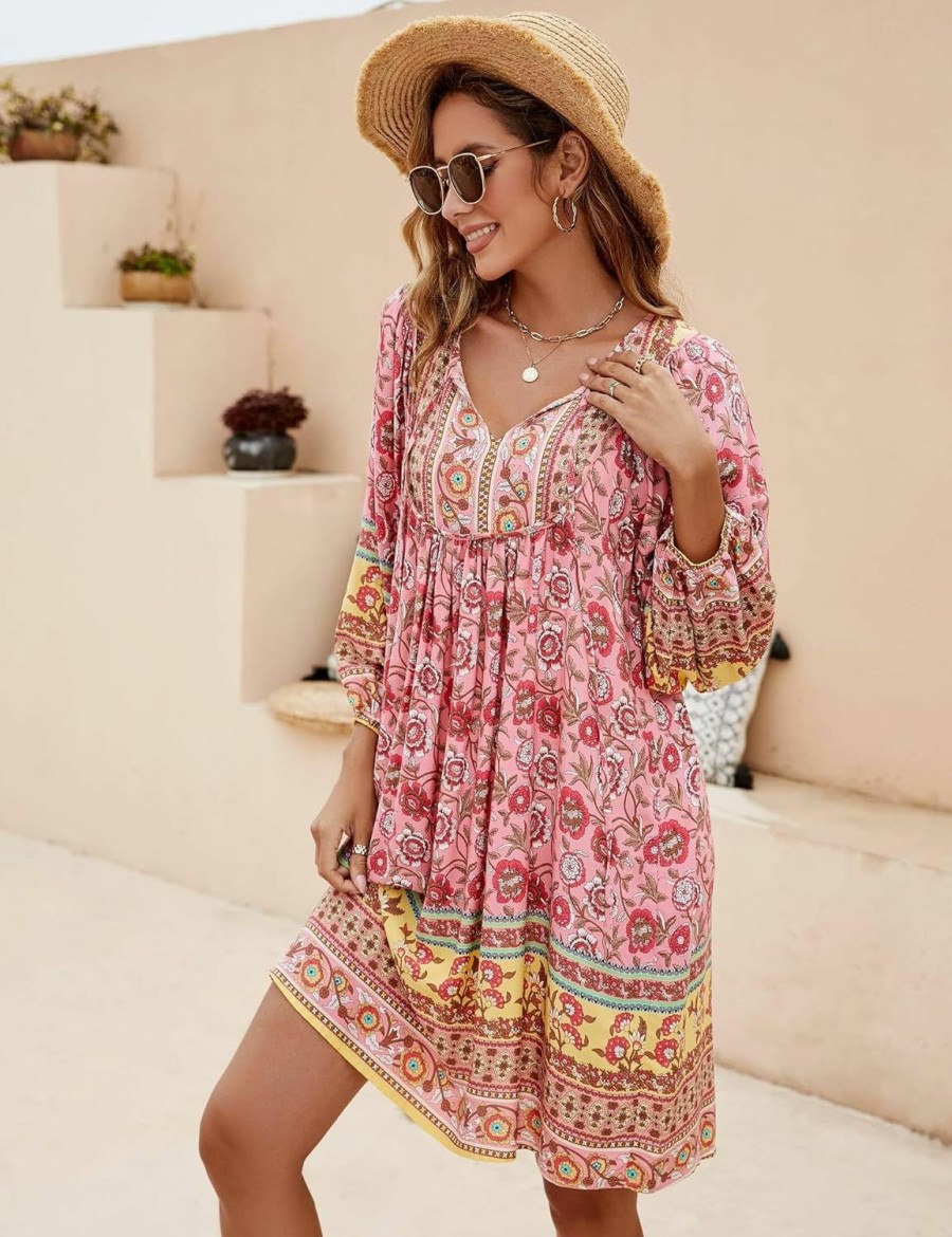 Clearance Bluetime Bluetime Women Casual Summer Dress Boho V Neck 3/4 Sleeve Short Babydoll Floral Print Flowy Beach Dresses