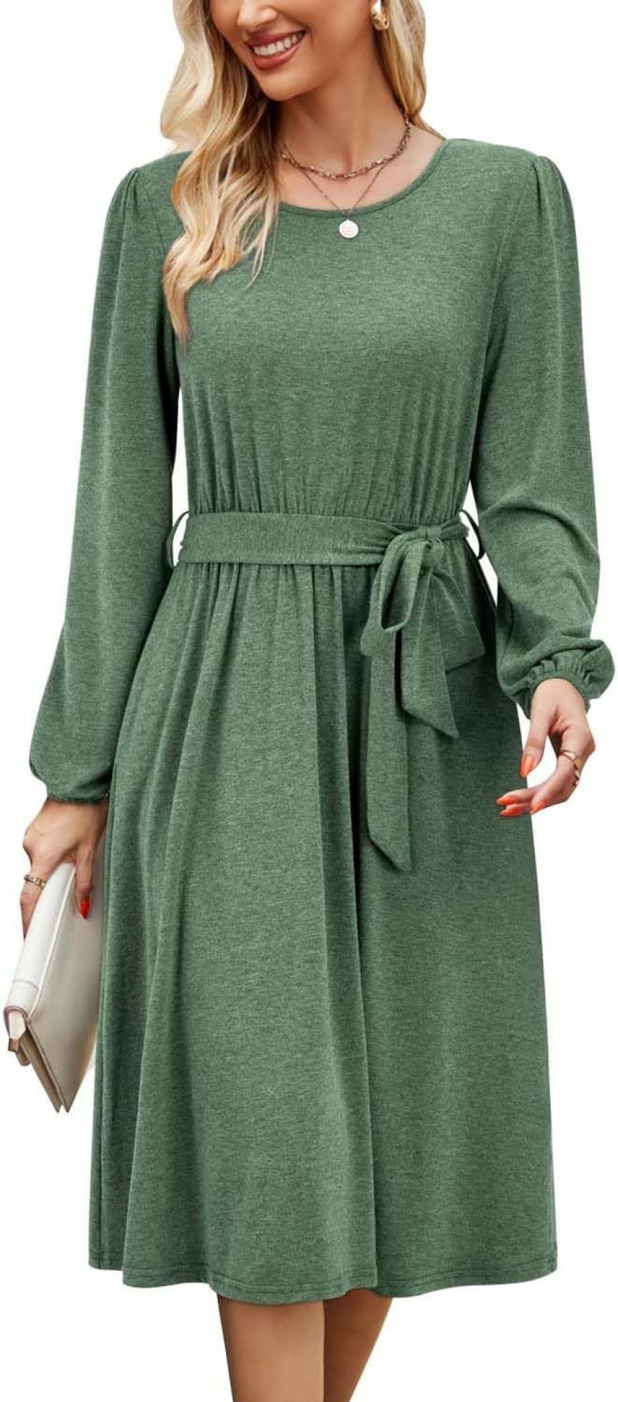 Best Newshows Newshows Women'S 2024 Fall Winter Long Sleeve Dress Casual Work Tie Elastic Waist Belted Midi Dress With Pockets