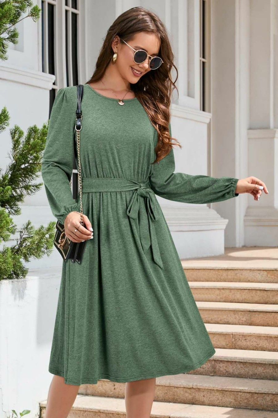 Best Newshows Newshows Women'S 2024 Fall Winter Long Sleeve Dress Casual Work Tie Elastic Waist Belted Midi Dress With Pockets