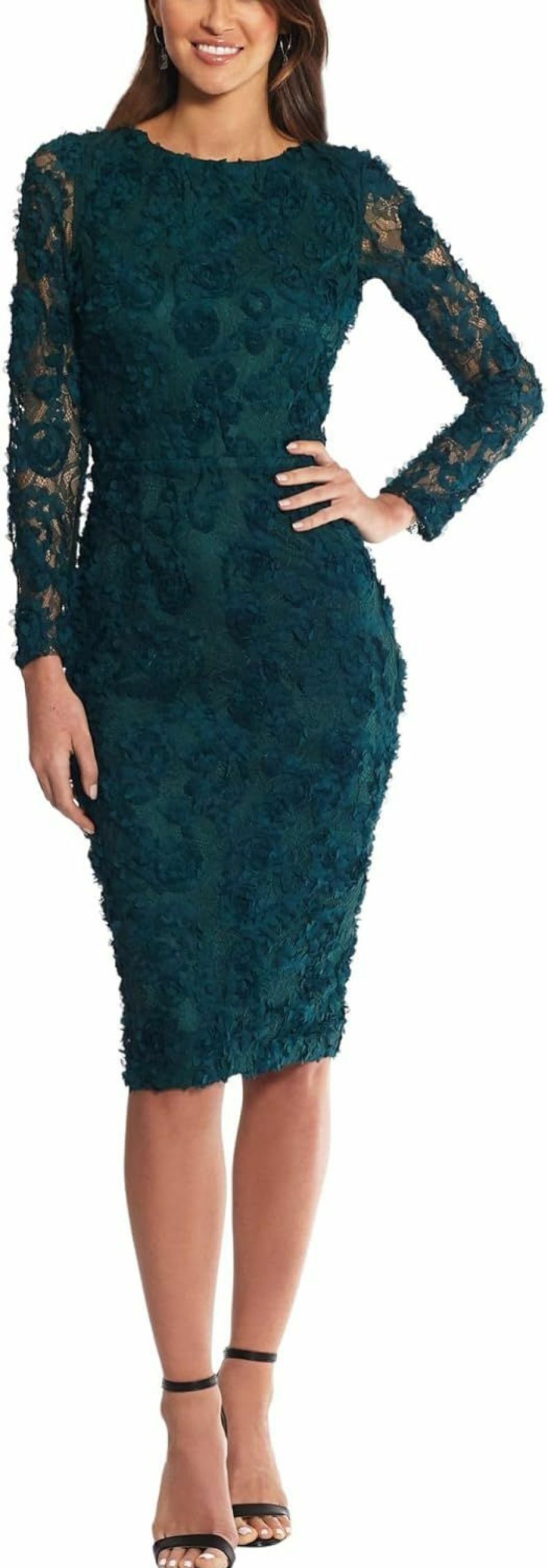 New Xscape Xscape Women'S Long Sleeve Raised Floral Lace Midi Length Dress (Reg And Petite)