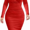 Clearance BEAGIMEG Beagimeg Women'S Sexy Bodycon Long Sleeve Ruched Deep V Neck Solid Party Club Midi Dress