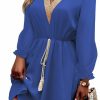 Online Dokotoo Dokotoo Womens V Neck Dresses Lantern Long Sleeve Lace Trim Midi Dress Tassel Belt Shirt Dress