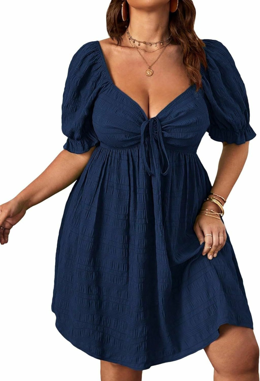 Best SOLY HUX Soly Hux Womens Plus Size Summer Dresses Sweetheart Neck Puff Short Sleeve Tie Swing A Line Midi Dress