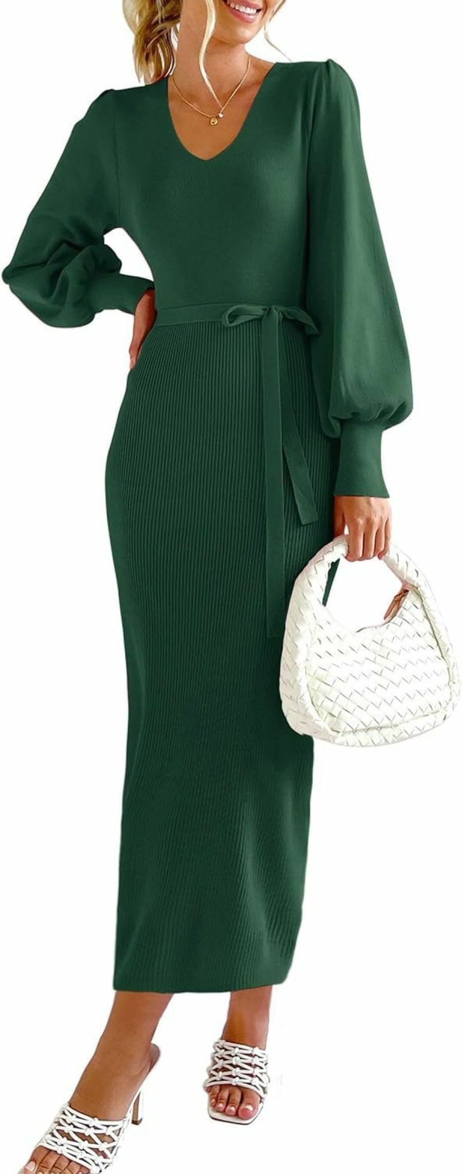 New PRETTYGARDEN Prettygarden Women'S 2024 Fall Knit Pullover Sweater Elegant Long Lantern Sleeve V Neck Maxi Dress