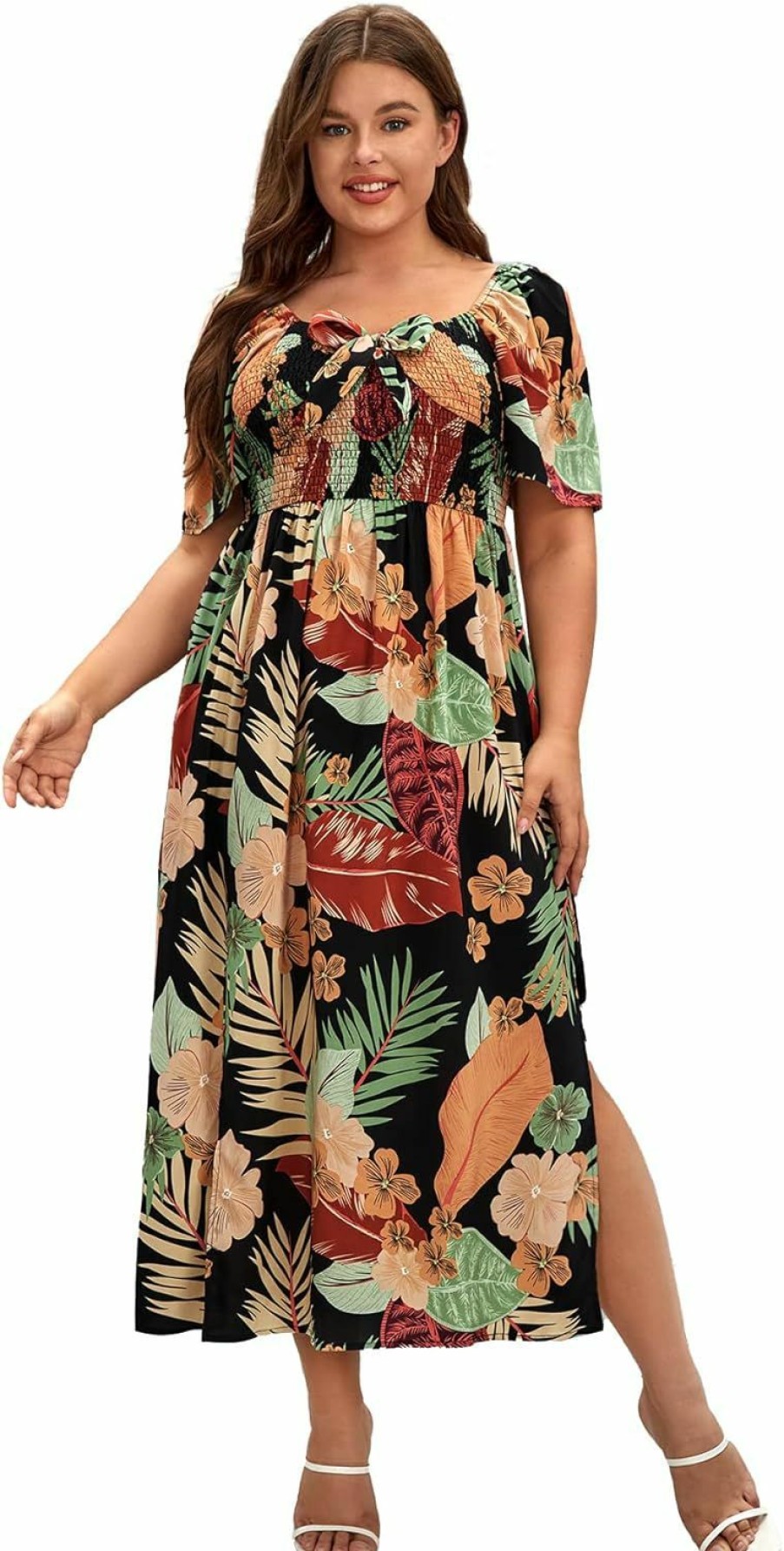 Clearance MakeMeChic Makemechic Women'S Plus Size Boho Casual Dress Floral Short Sleeve Shirred Square Neck Maxi Flomal Dress