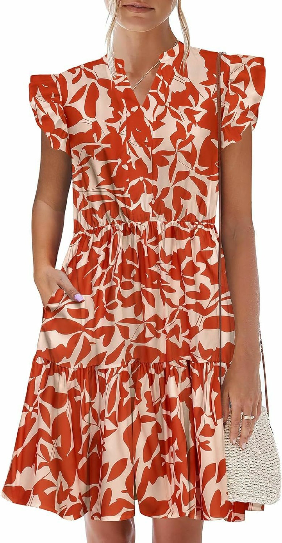 Hot HOTOUCH Hotouch Women Printed Dress For Summer Short Ruffle Sleeve Dress Tiered Mini Dress With Pockets