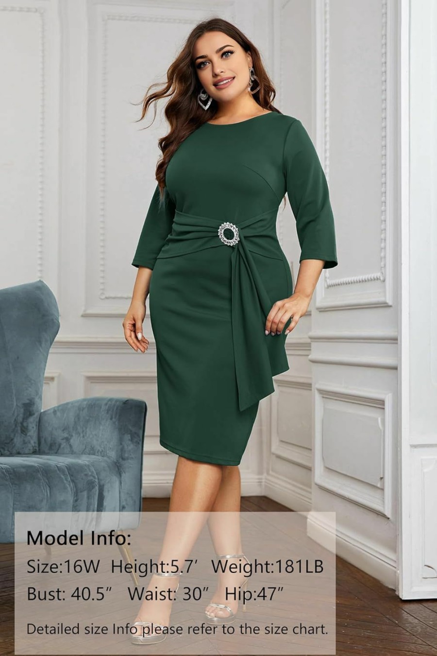 Best KIMCURVY Kimcurvy Women'S Plus Size 3/4 Sleeve Dress Evening Pencil Dress For Business Cocktail Party With Revomable Rhinestone