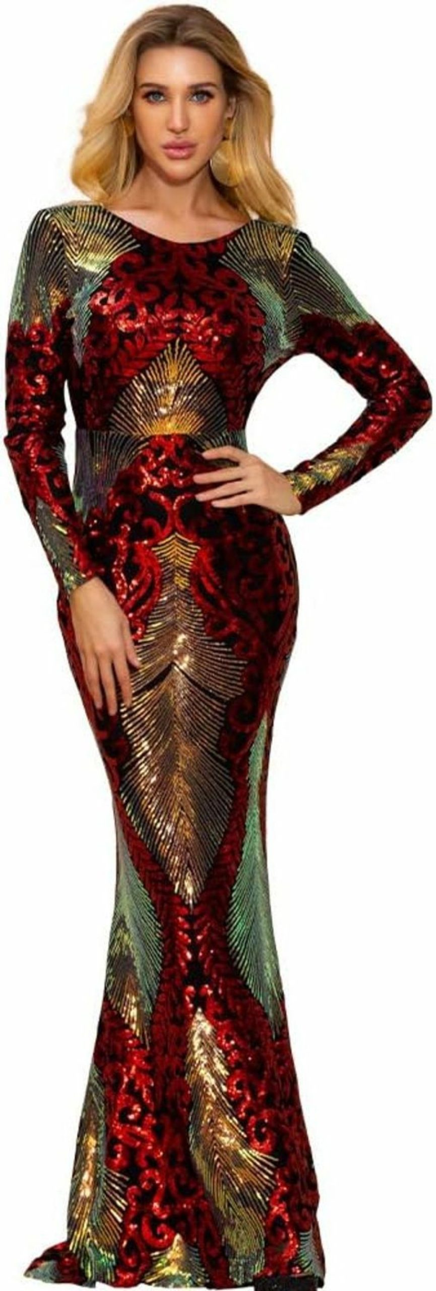 Clearance Miss ord Miss Ord Women Long Sleeve Backless Sequin Gown Female Maxi Elegant Dress