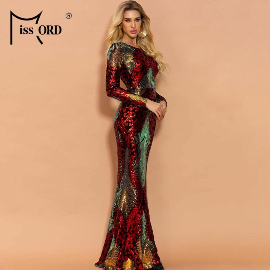 Clearance Miss ord Miss Ord Women Long Sleeve Backless Sequin Gown Female Maxi Elegant Dress