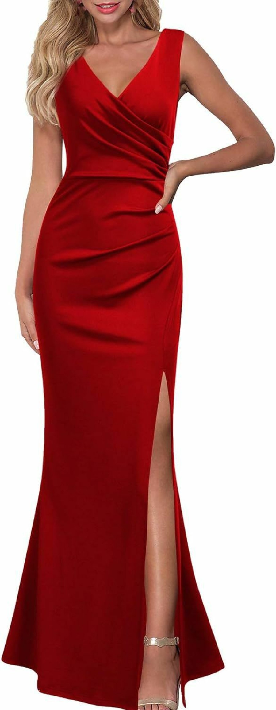 Clearance WOOSEA Woosea Women Sleeveless V Neck Split Evening Cocktail Long Dress