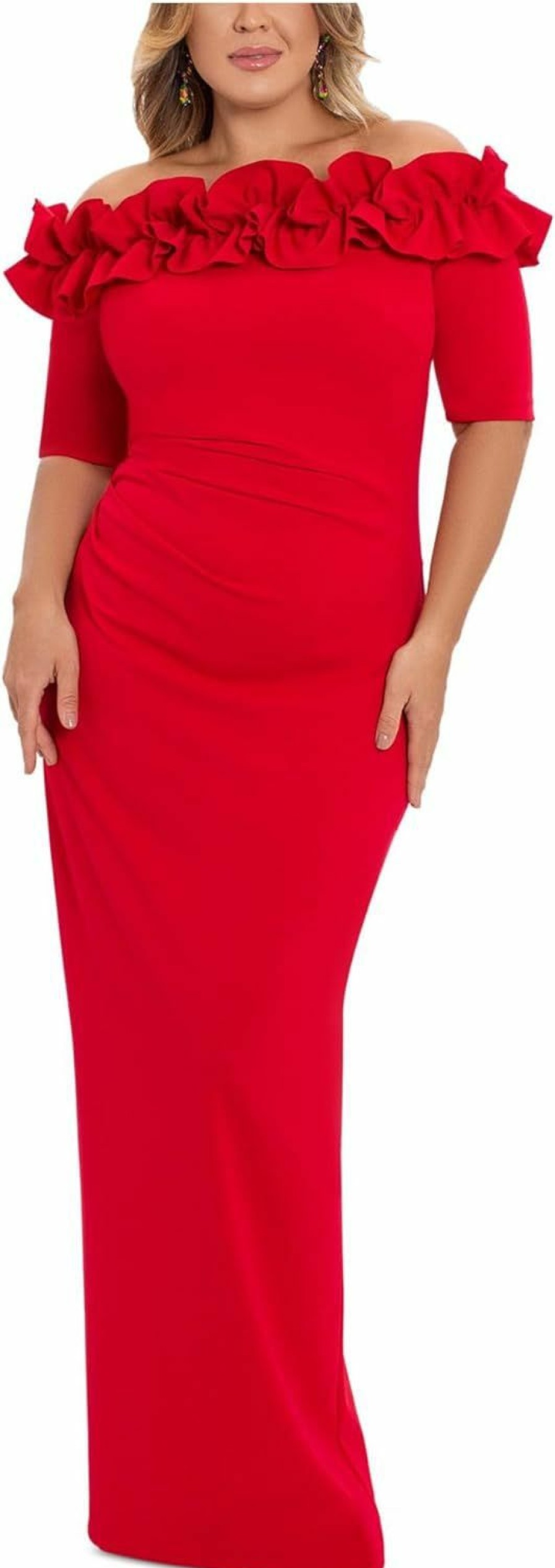 Best Xscape Xscape Women'S Plus Size Long Off The Shoulder Ruffle Scuba Crepe Dress