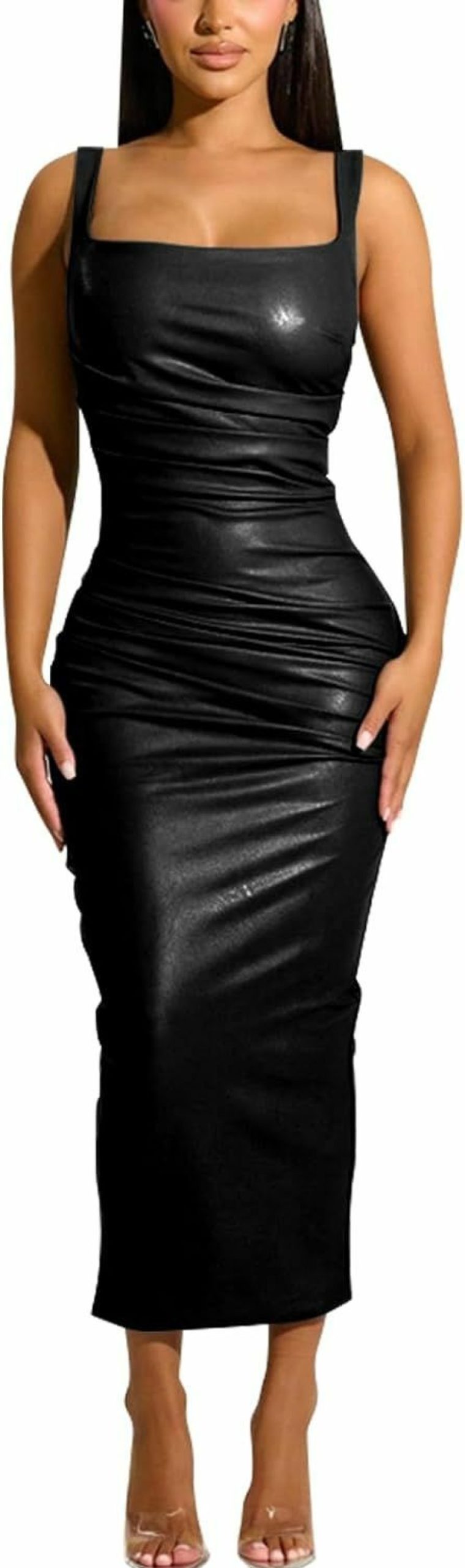 Best Amazon Women'S Pu Leather Sleeveless Bodycon Dress Ruched Tank Dress Party Bodycon Dress