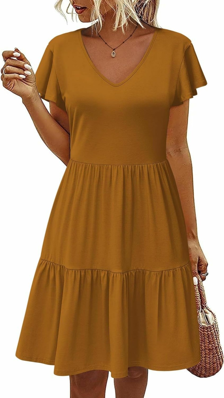 Hot HOTOUCH Hotouch Women'S Casual Tiered Dress With Pockets V Neck Ruffle Dress Cap Sleeve Swing Mini Dress A-Line Dresses