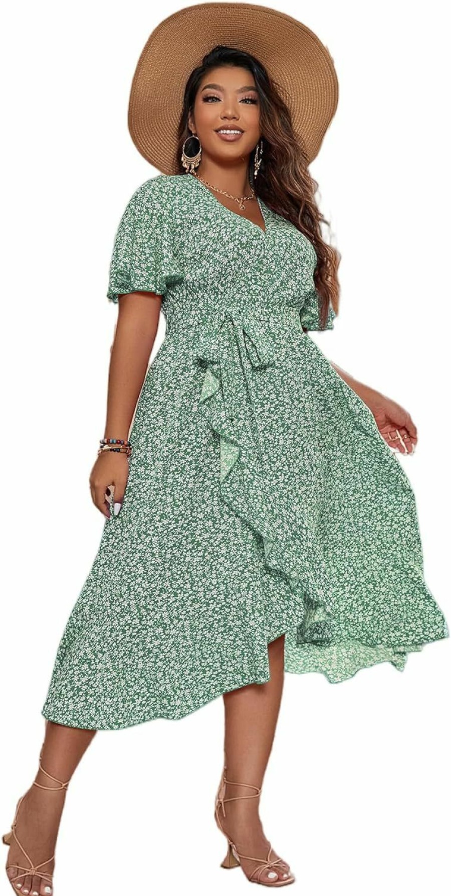 Best Floerns Floerns Women'S Plus Size Boho Flutter Short Sleeve Ruffle Hem A Line Midi Dress