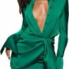 Clearance SHESEEWORLD Sheseeworld Women'S Sexy Long Sleeve V Neck Button Tie Waist Bodycon Satin Wrap Club Party Mini Dress