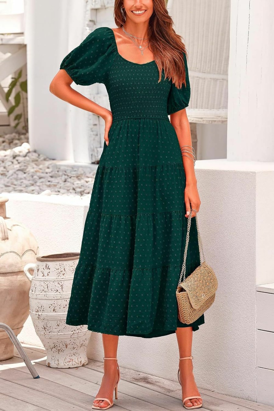 New PRETTYGARDEN Prettygarden Women'S Summer Casual Midi Dress Puff Sleeve Swiss Dot Long Flowy A Line Dresses