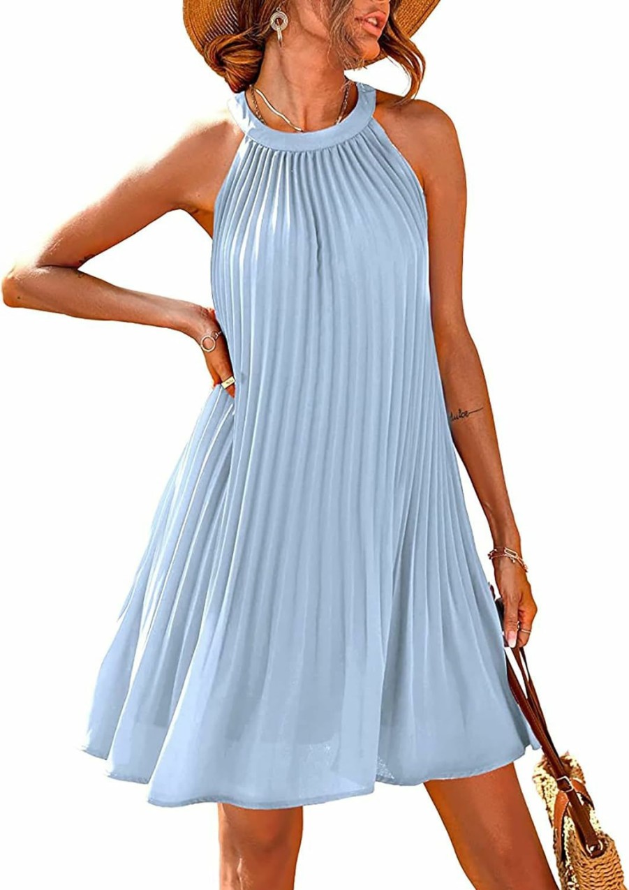 Wholesale PRETTYGARDEN Prettygarden Womens Summer Dresses 2024 Cute Halter Neck Sleeveless Mini Dress Solid Color Flowy Pleated Beach Dress Sundress