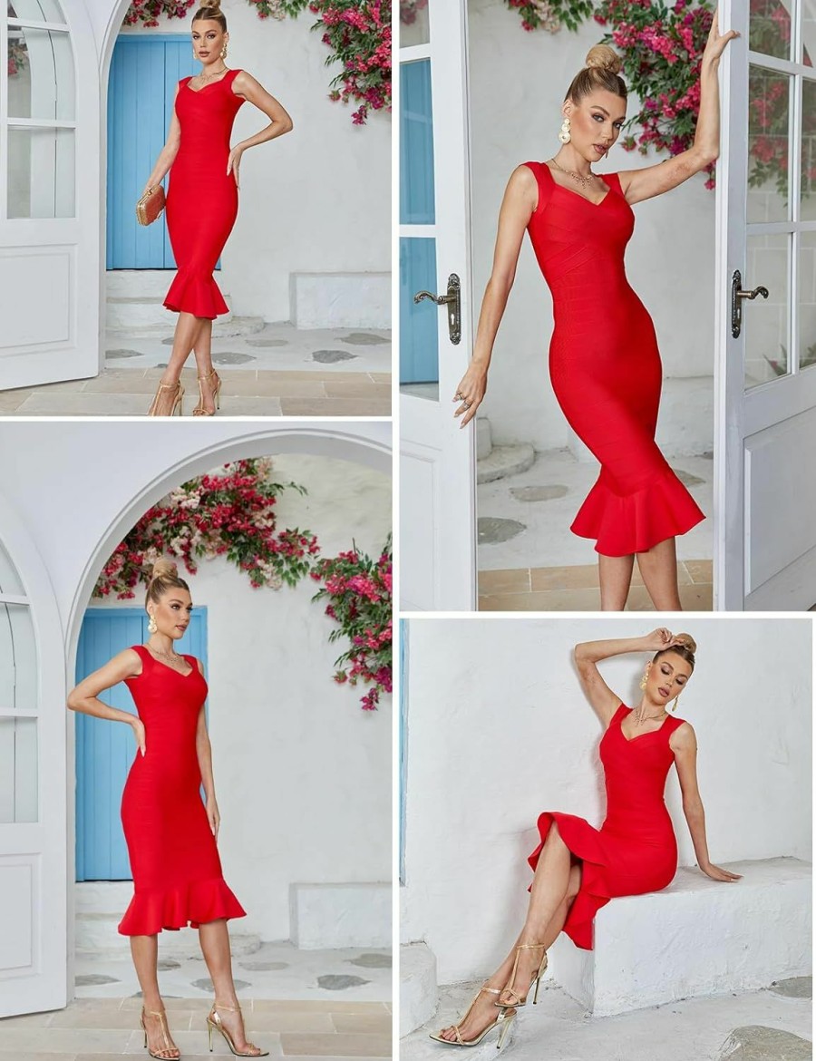 Wholesale Madam Uniq Shoulder Strap Sleeveless Fishtail Midi Bandage Dress For Women Bodycon Club Party Evening Dresses