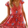 Wholesale KIRUNDO Kirundo Women'S 2024 Summer Short Sleeve V Neck Bohemian Floral Print Mini Dress Ruffle Swing A Line Beach Sundress