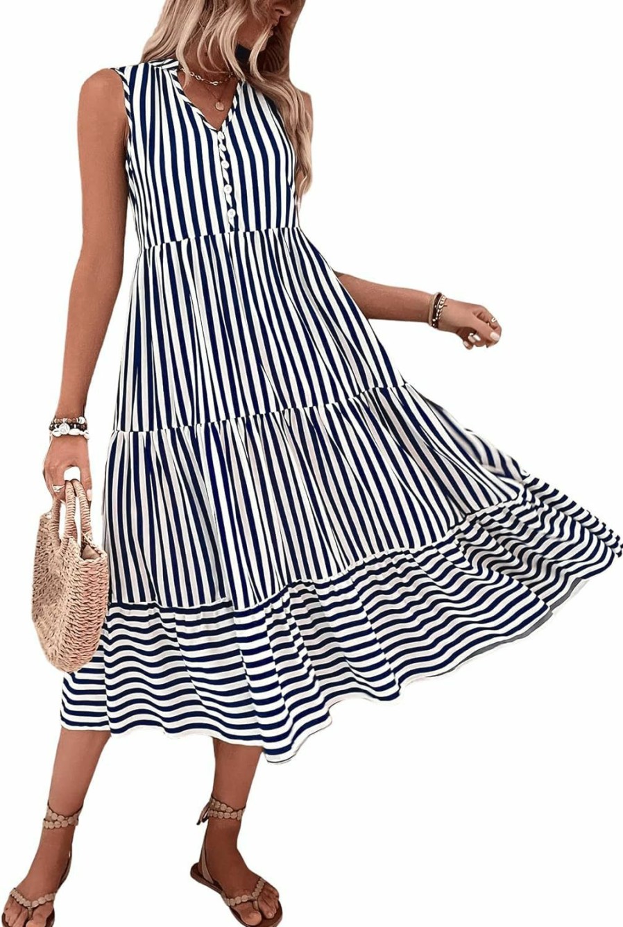 Online Floerns Floerns Women'S Striped Print Notched Neck Sleeveless Ruffle A Line Midi Dress