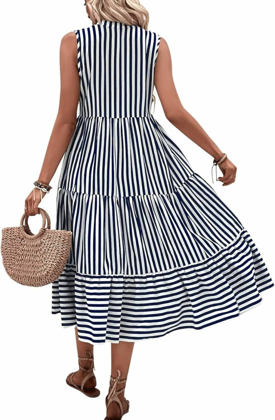 Online Floerns Floerns Women'S Striped Print Notched Neck Sleeveless Ruffle A Line Midi Dress