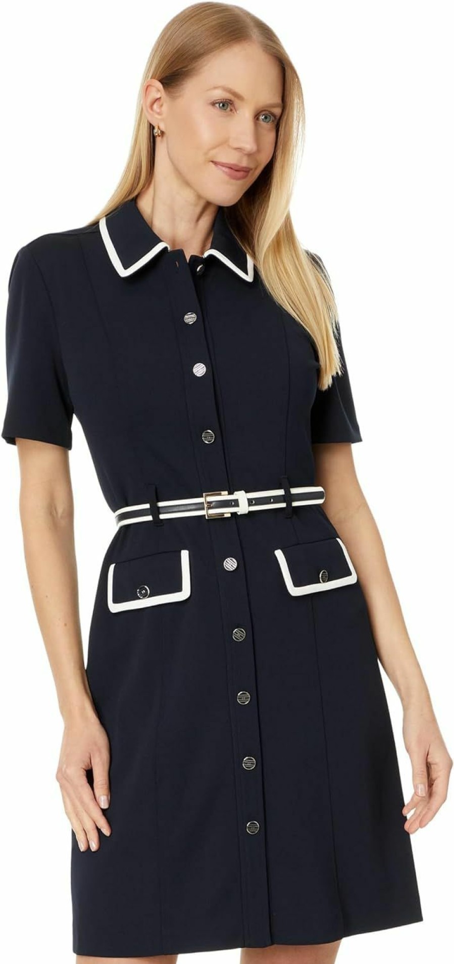 New Tommy Hilfiger Tommy Hilfiger Women'S Removable Belt Point Collar Logo Enamel Buttons Dress