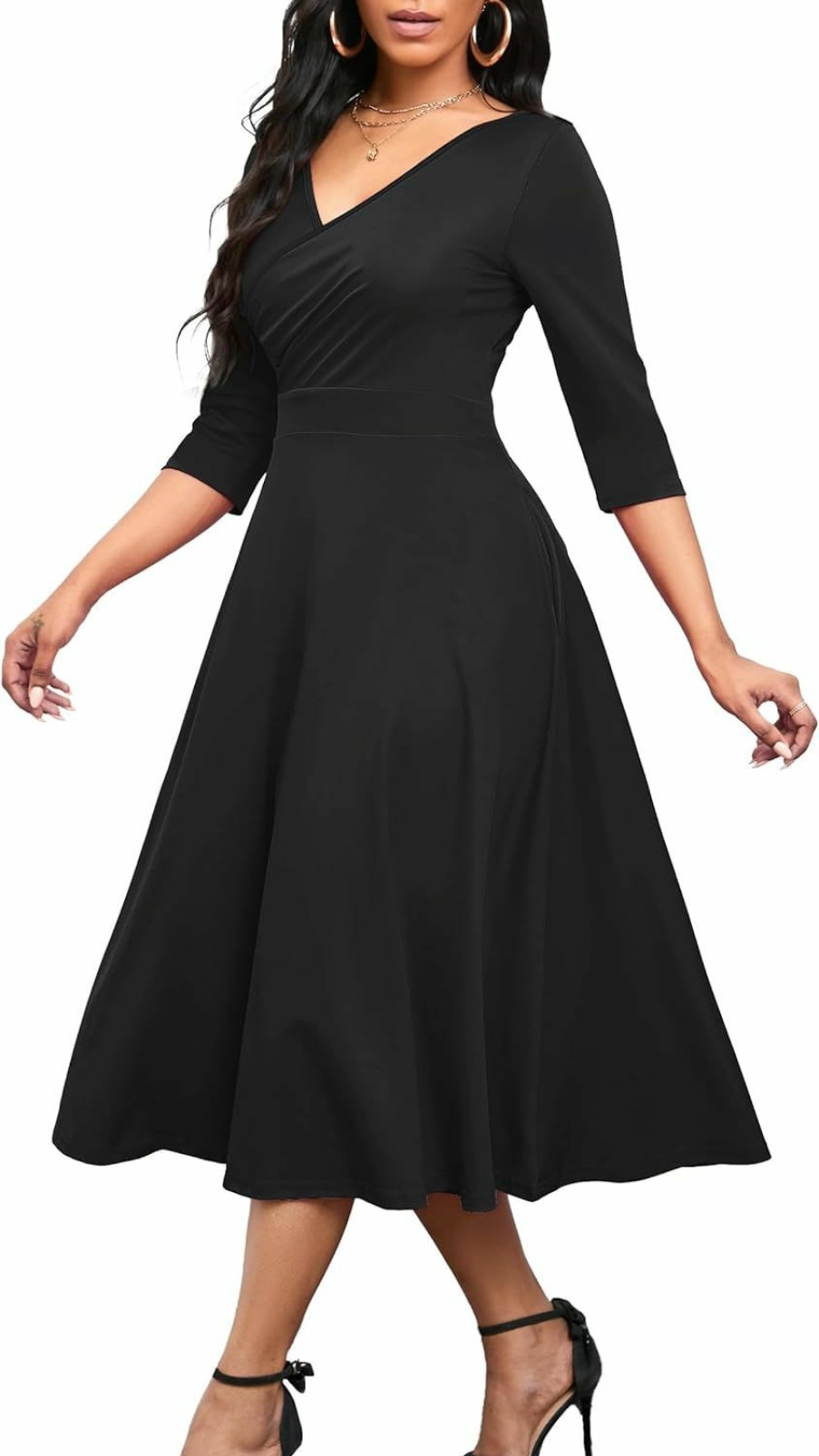 New Nmoder Nmoder Women'S Casual Wrap Flared Midi Dress Wedding Guest Cocktail Tea Dresses A-Line Swing V-Neck 3/4 Sleeve