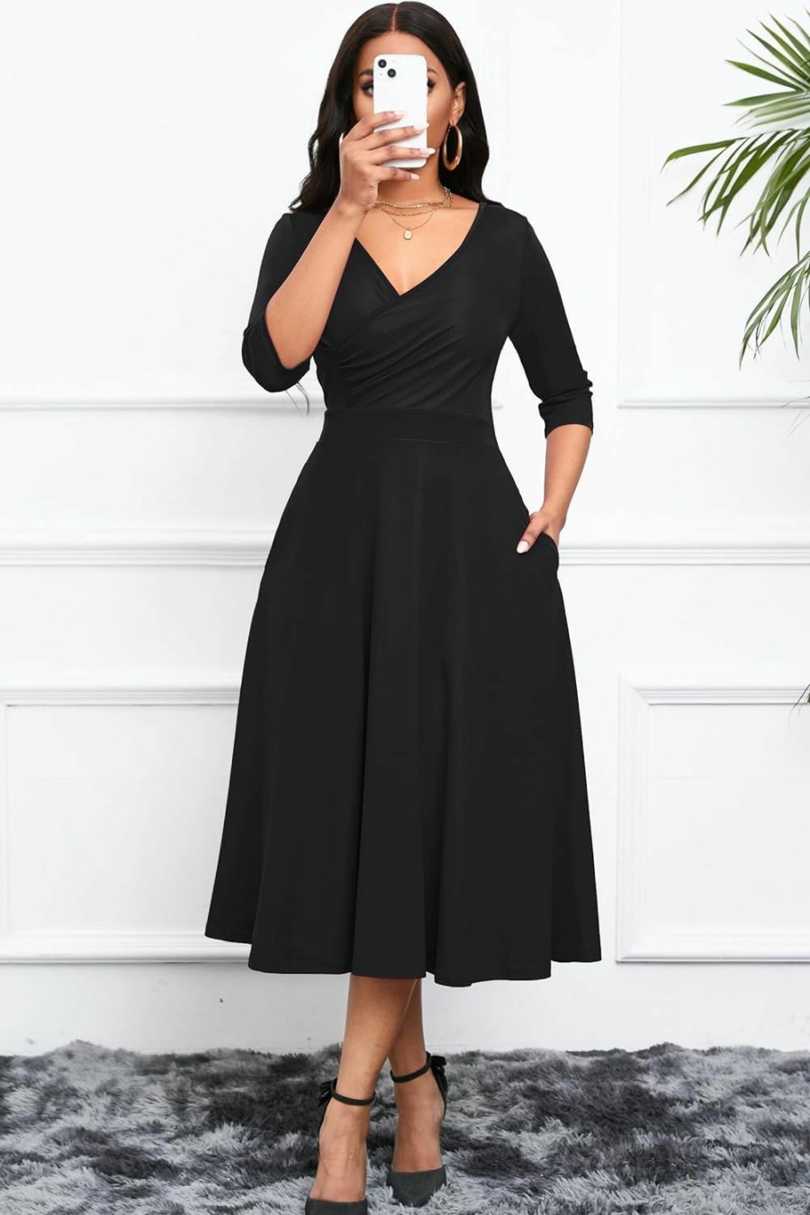 New Nmoder Nmoder Women'S Casual Wrap Flared Midi Dress Wedding Guest Cocktail Tea Dresses A-Line Swing V-Neck 3/4 Sleeve