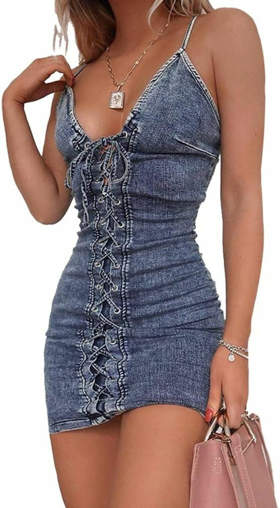 New chouyatou Chouyatou Women'S Sexy Spaghetti Strap Lace-Up Party Club Mini Denim Sun Dress