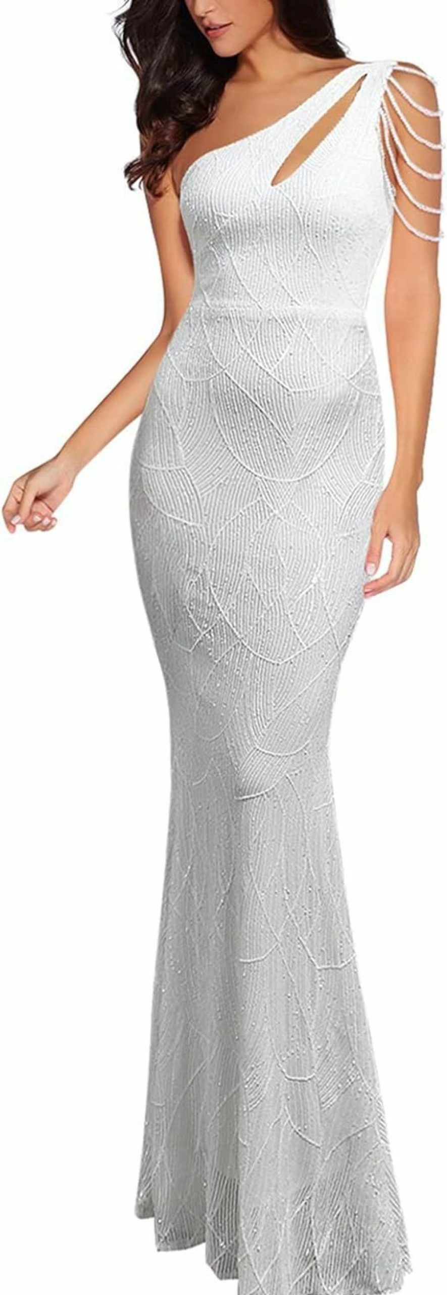 Online Madam Uniq Women One Shoulder 1920S Plus Size Formal Dress Tassels Sleeve Sequins Gatsby Maxi Evening Gown