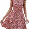 Best PRETTYGARDEN Prettygarden Womens Summer Dresses Boho V Neck Floral Print Ruffle Sleeve Layered Mini Dress Cute Smocked Waist Short Dress