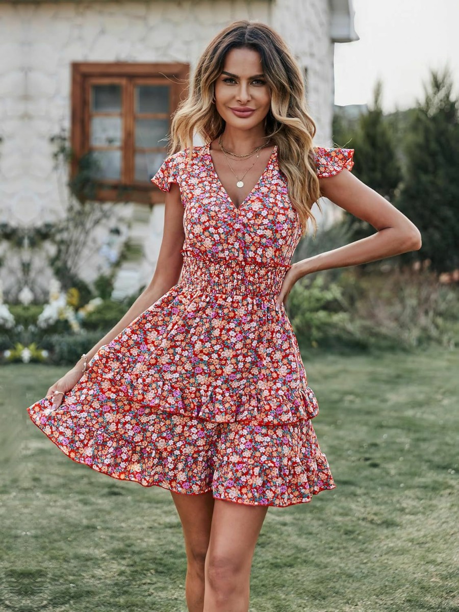 Best PRETTYGARDEN Prettygarden Womens Summer Dresses Boho V Neck Floral Print Ruffle Sleeve Layered Mini Dress Cute Smocked Waist Short Dress