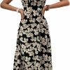 Clearance BROVAVE Brovave Women'S 2024 Summer Dress Floral Print Spaghetti Strap Square Neck Tie Front Smocked Midi Dress Beach Sun Dress