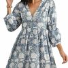 Clearance KLAVATE Deep V Neck Handblock Print Cotton Floral Dress Women Summer Midi Dress