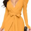 Online Rooscier Rooscier Women'S Wrap Deep V Neck Puff Long Sleeve Belted Sexy Club Bodycon Mini Dress