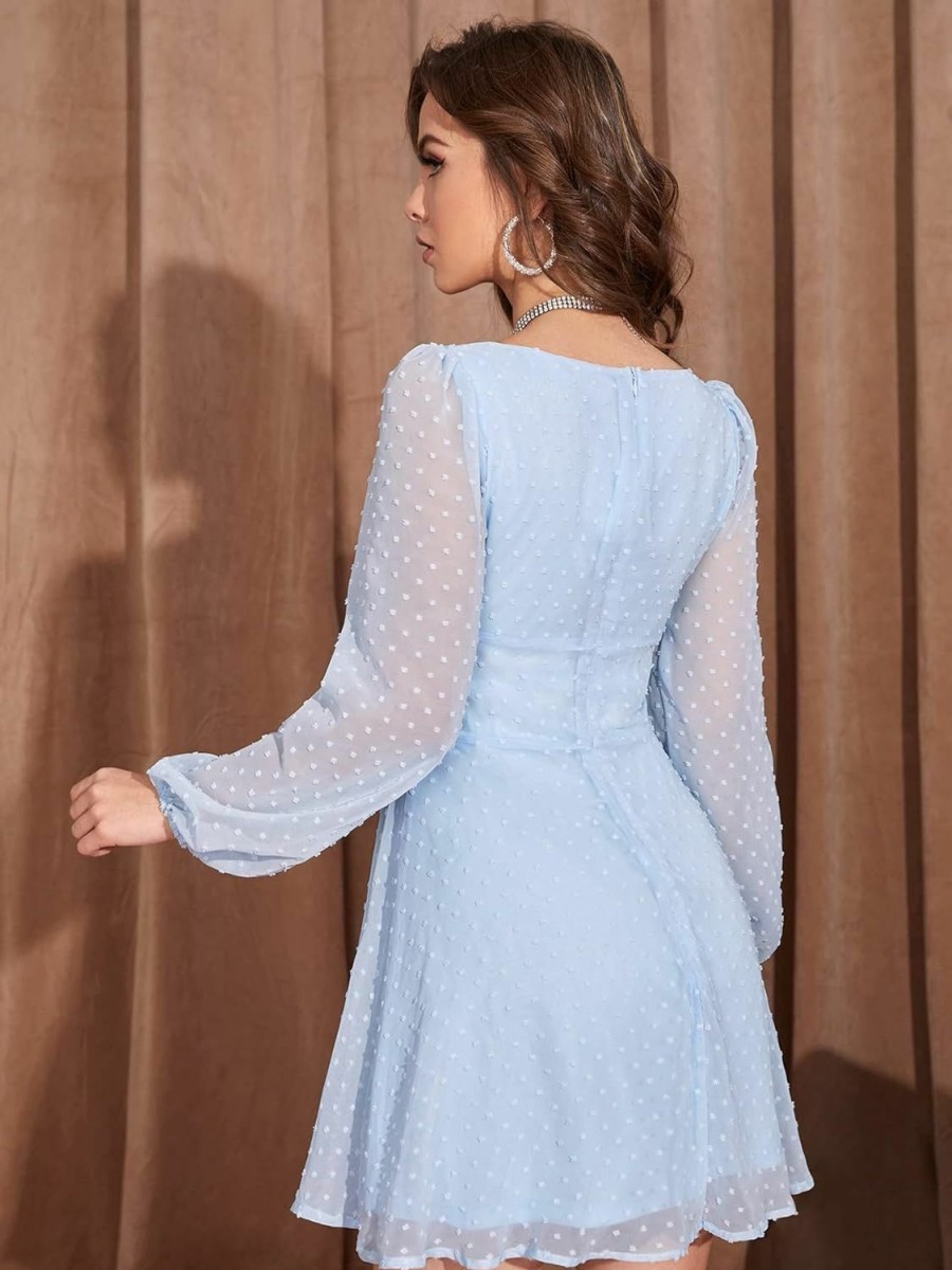 Wholesale WDIRARA Wdirara Women'S Polka Swiss Dots Mesh Square Neck Lantern Bishop Sleeve Chiffon Dress