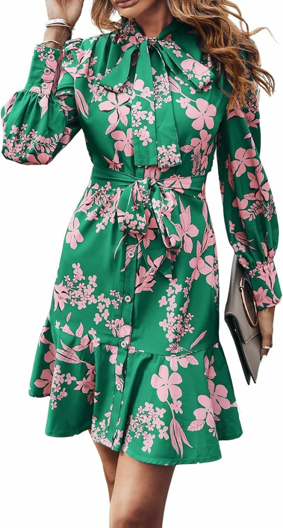 Online MakeMeChic Makemechic Women'S Floral Long Sleeve Tie Neck Button Front Ruffle Hem Short Dress With Belt